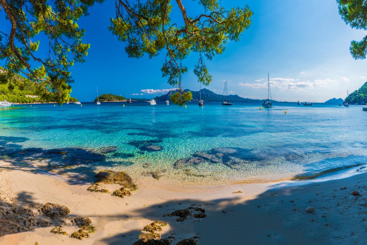 Formentor beach with turquoise waters and boats anchored near the shore in Mallorca